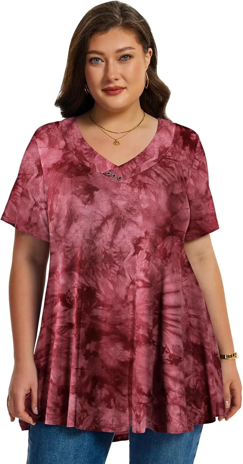 LARACE Plus Size Tops for Womens T Shirts Button Down Summer Clothes Short Sleeve Tunics Casual V Neck Blouses