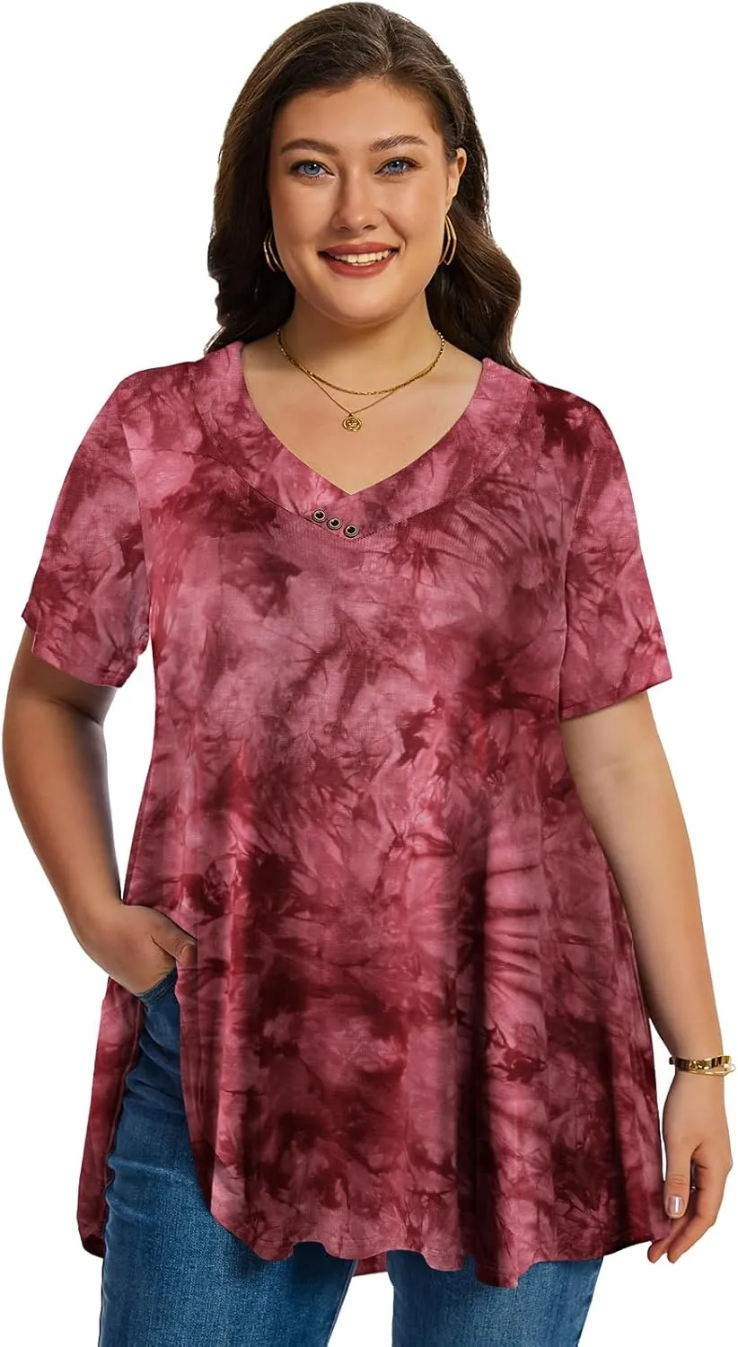 LARACE Plus Size Tops for Womens T Shirts Button Down Summer Clothes Short Sleeve Tunics Casual V Neck Blouses