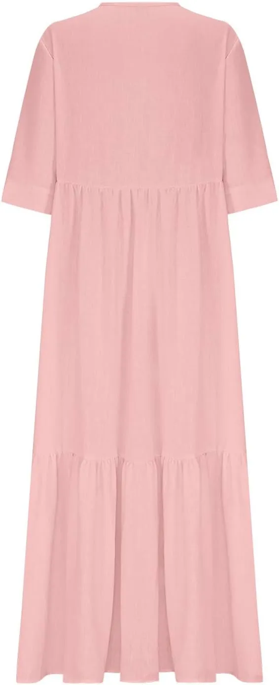 Linen Dresses for Women 2025 Trendy V Neck Front Tie Flowy Maxi Dress Elegant 3/4 Sleeves Solid Color Long Sundress