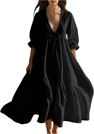 Linen Dresses for Women 2025 Trendy V Neck Front Tie Flowy Maxi Dress Elegant 3/4 Sleeves Solid Color Long Sundress