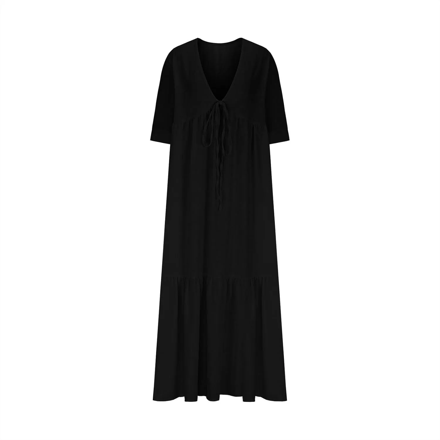 Linen Dresses for Women 2025 Trendy V Neck Front Tie Flowy Maxi Dress Elegant 3/4 Sleeves Solid Color Long Sundress