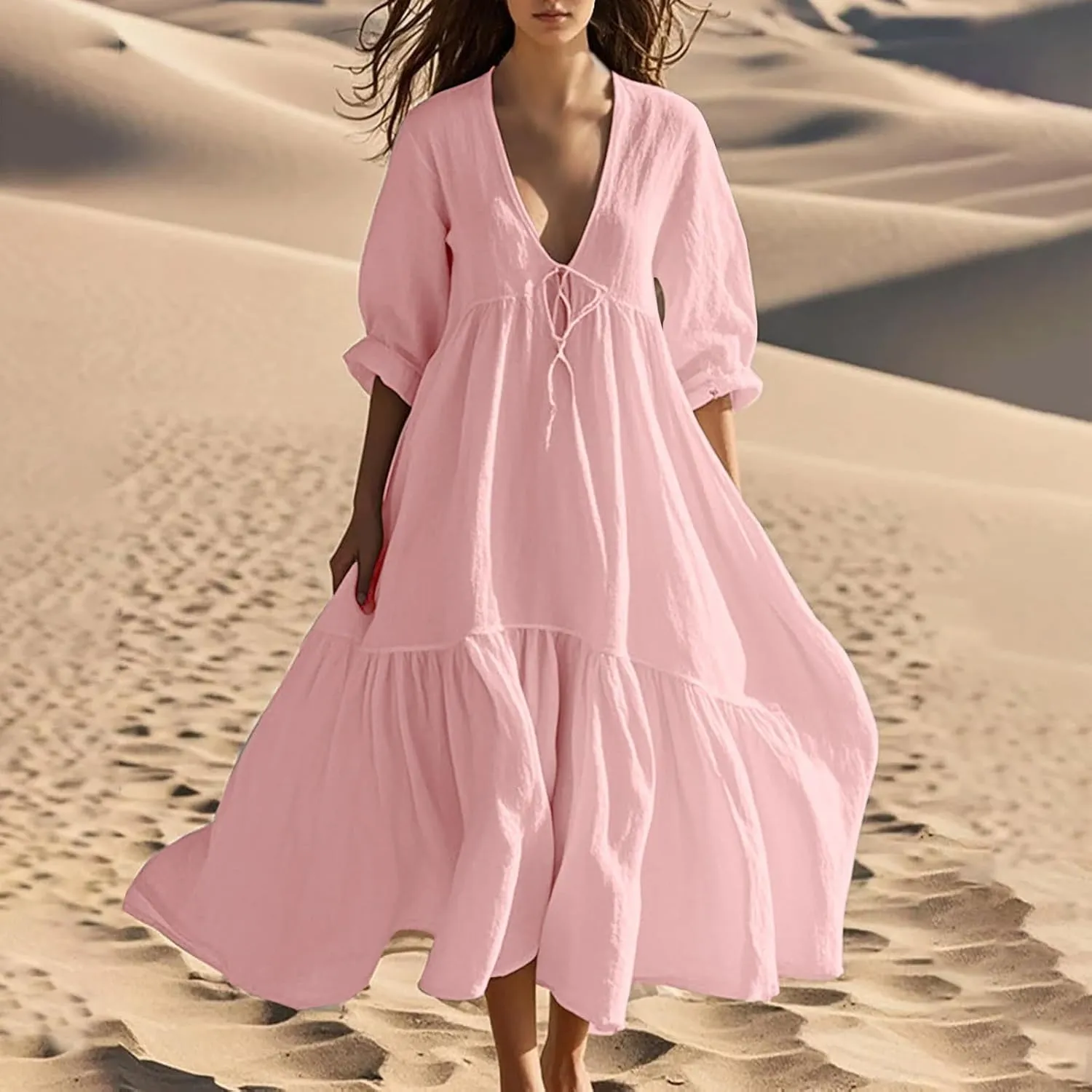 Linen Dresses for Women 2025 Trendy V Neck Front Tie Flowy Maxi Dress Elegant 3/4 Sleeves Solid Color Long Sundress