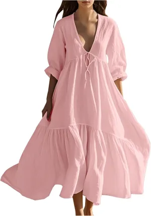 Linen Dresses for Women 2025 Trendy V Neck Front Tie Flowy Maxi Dress Elegant 3/4 Sleeves Solid Color Long Sundress