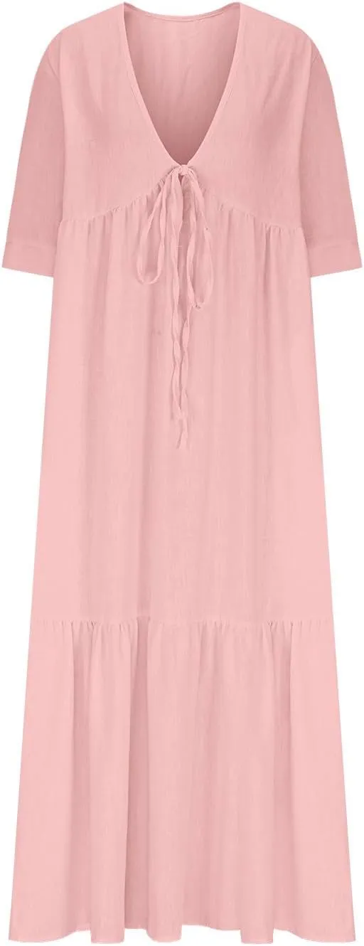 Linen Dresses for Women 2025 Trendy V Neck Front Tie Flowy Maxi Dress Elegant 3/4 Sleeves Solid Color Long Sundress