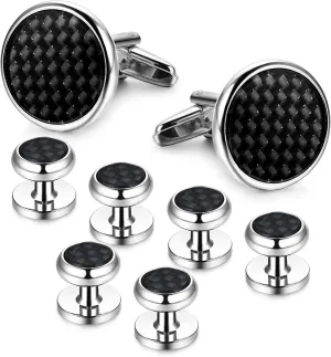 LOYALLOOK 8pcs Mens Carbon Fiber Cufflinks and Shirt Studs Set Tuxedo Shirts Business Wedding Silver Black Gold Tone