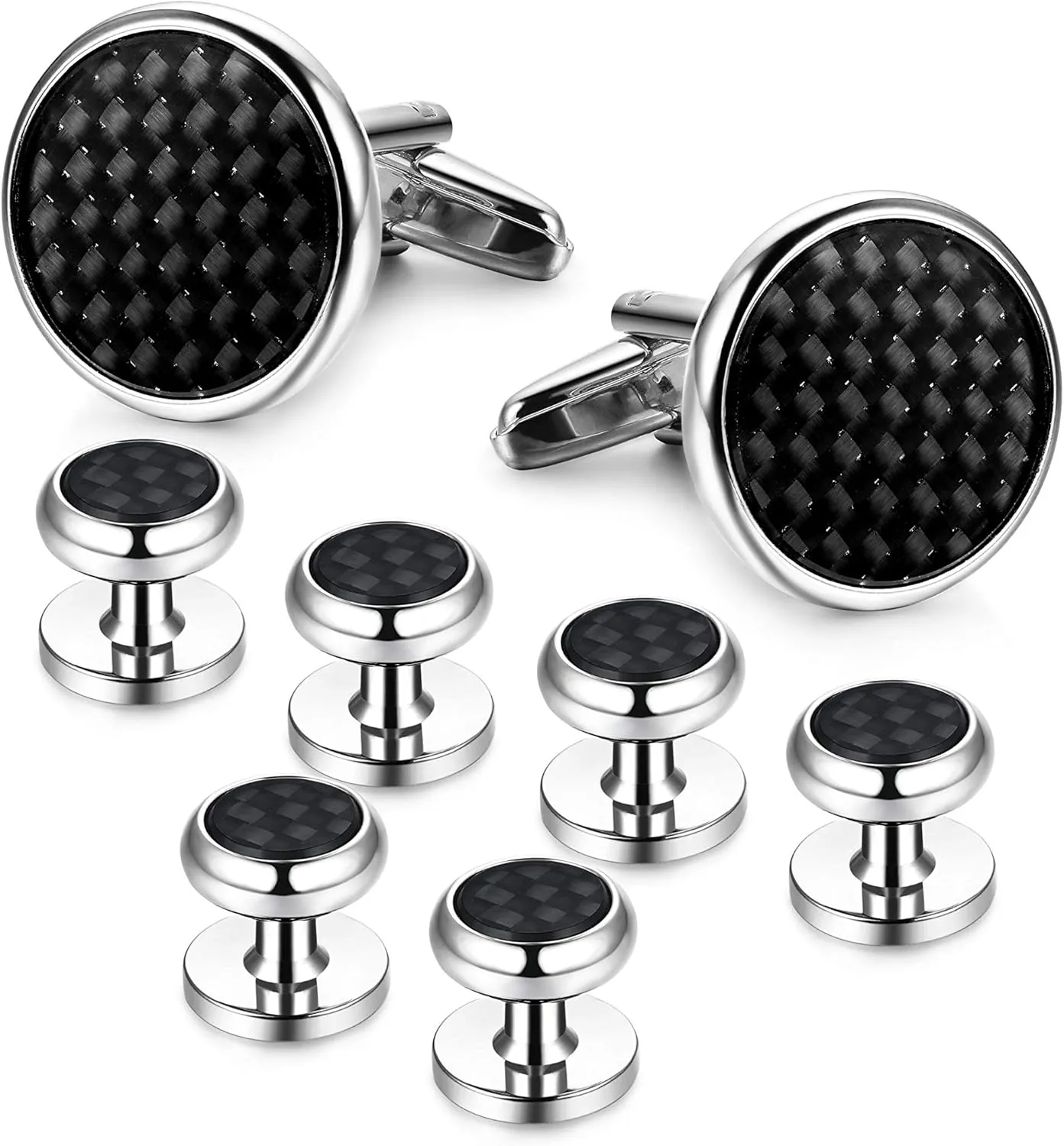 LOYALLOOK 8pcs Mens Carbon Fiber Cufflinks and Shirt Studs Set Tuxedo Shirts Business Wedding Silver Black Gold Tone