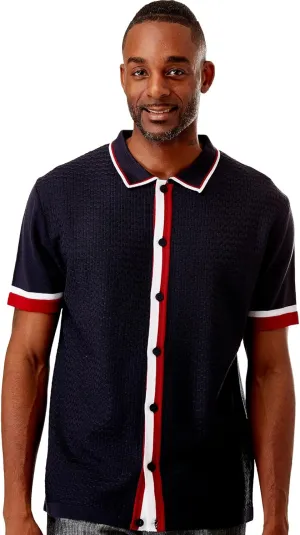 Mens Short Sleeve Knit Sports Shirt - Modern Polo Vintage Classics: Solid Geometric Jacquard with Color Tipping