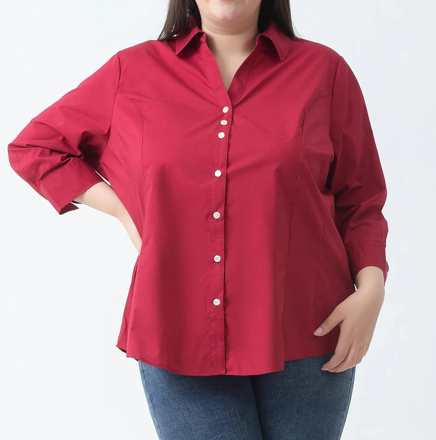 Plus Size 3/4 Sleeve Shirts for Women Button Down Shirts V Neck Women Blouses Tops Business Casual Stretch Shirts