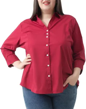 Plus Size 3/4 Sleeve Shirts for Women Button Down Shirts V Neck Women Blouses Tops Business Casual Stretch Shirts
