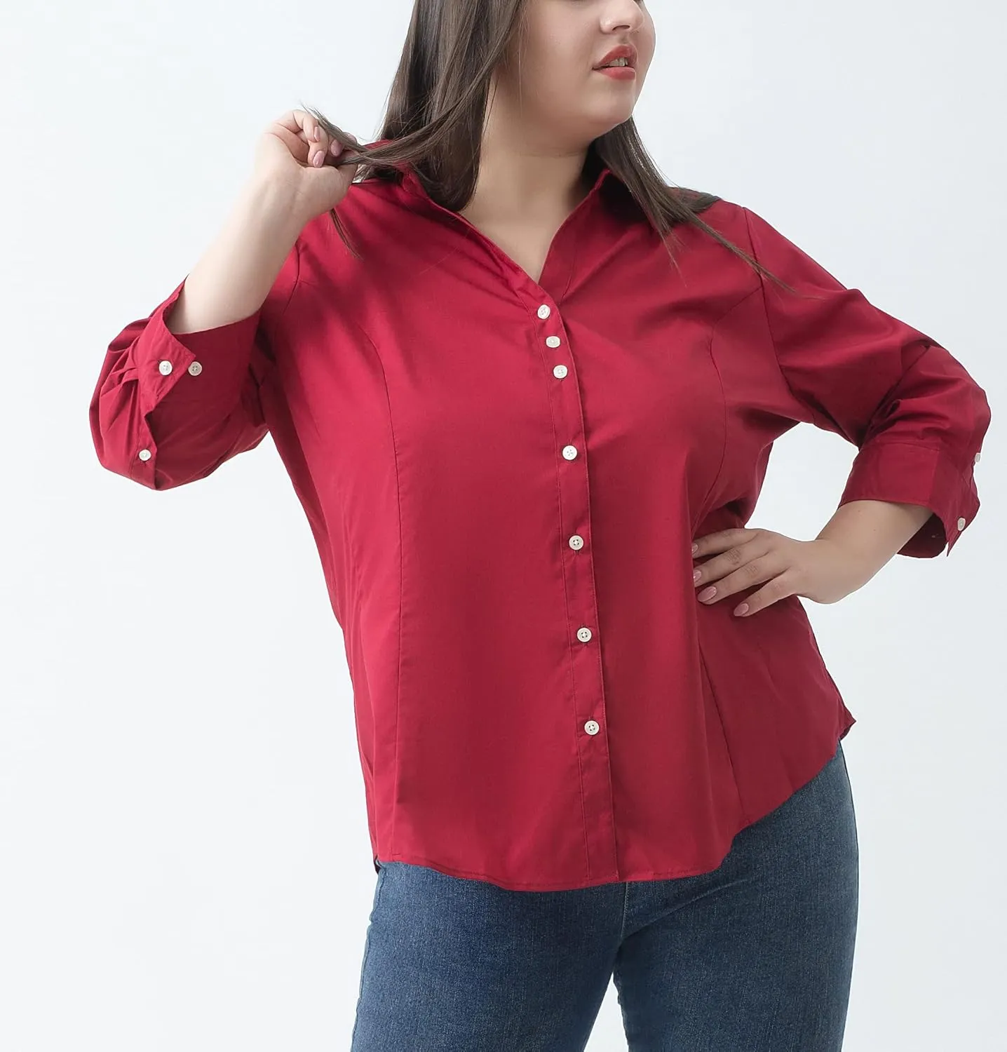 Plus Size 3/4 Sleeve Shirts for Women Button Down Shirts V Neck Women Blouses Tops Business Casual Stretch Shirts