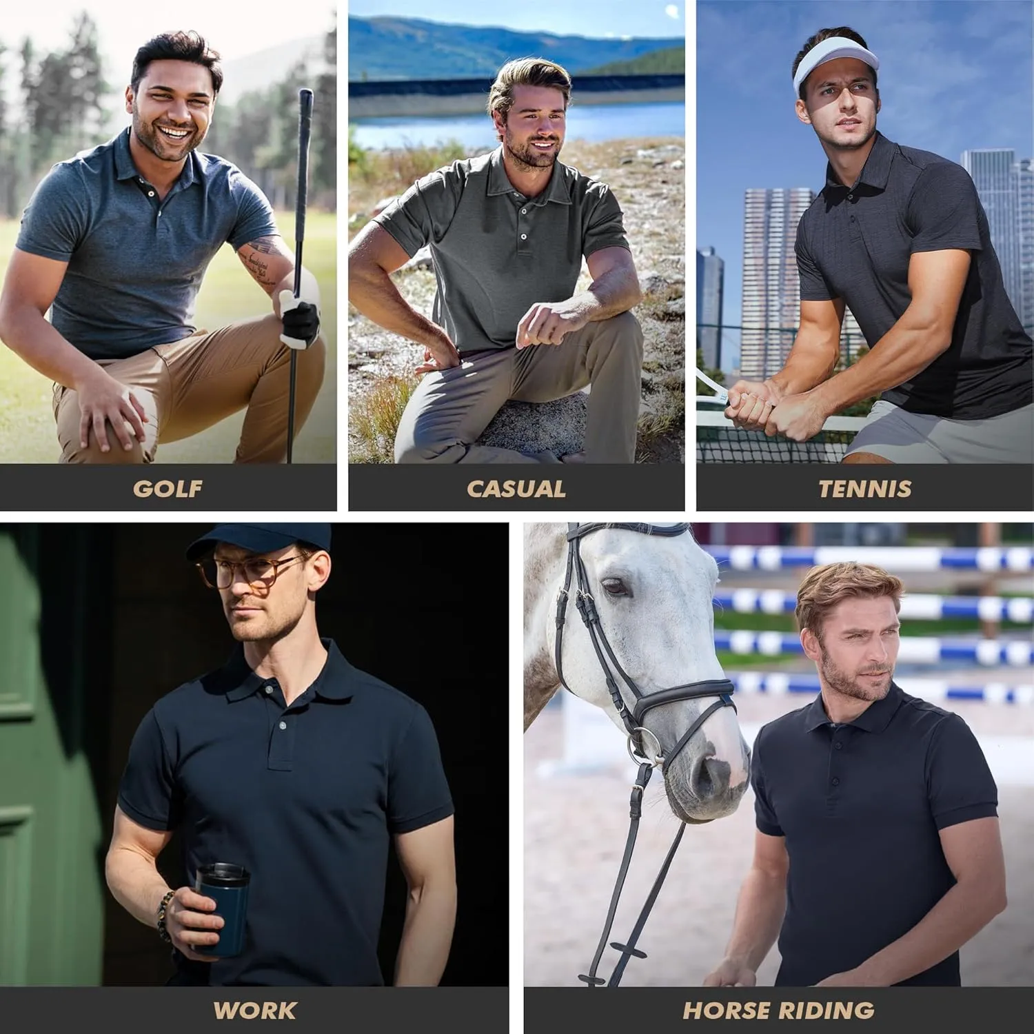 Polo Shirts for Men - Dry Fit Moisture Wicking Black Short Sleeve Performance Golf T Shirts for Casual Work Athletic