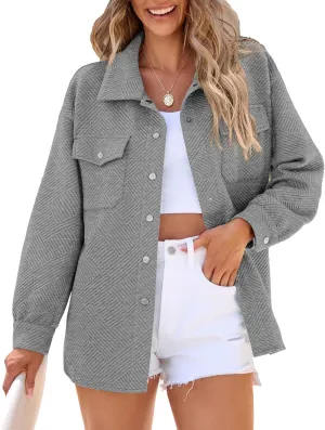 PRETTYGARDEN Women's Oversized Shacket Jackets Spring Fall Fashion Clothes Casual Long Sleeve Loose Collared Blouse Shirts
