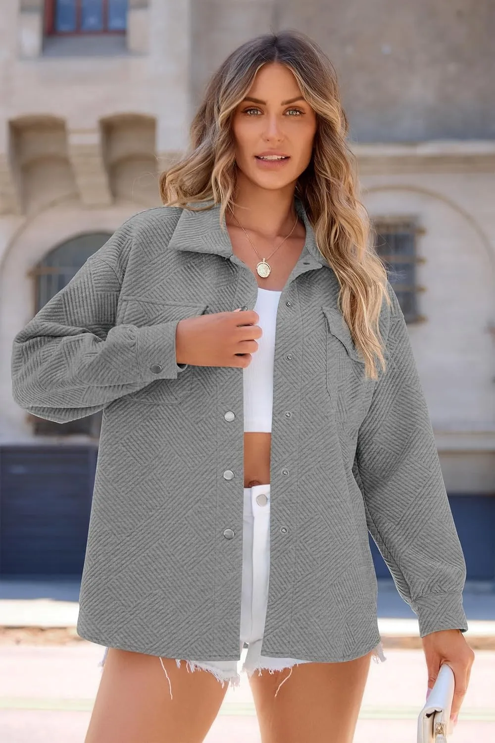 PRETTYGARDEN Women's Oversized Shacket Jackets Spring Fall Fashion Clothes Casual Long Sleeve Loose Collared Blouse Shirts