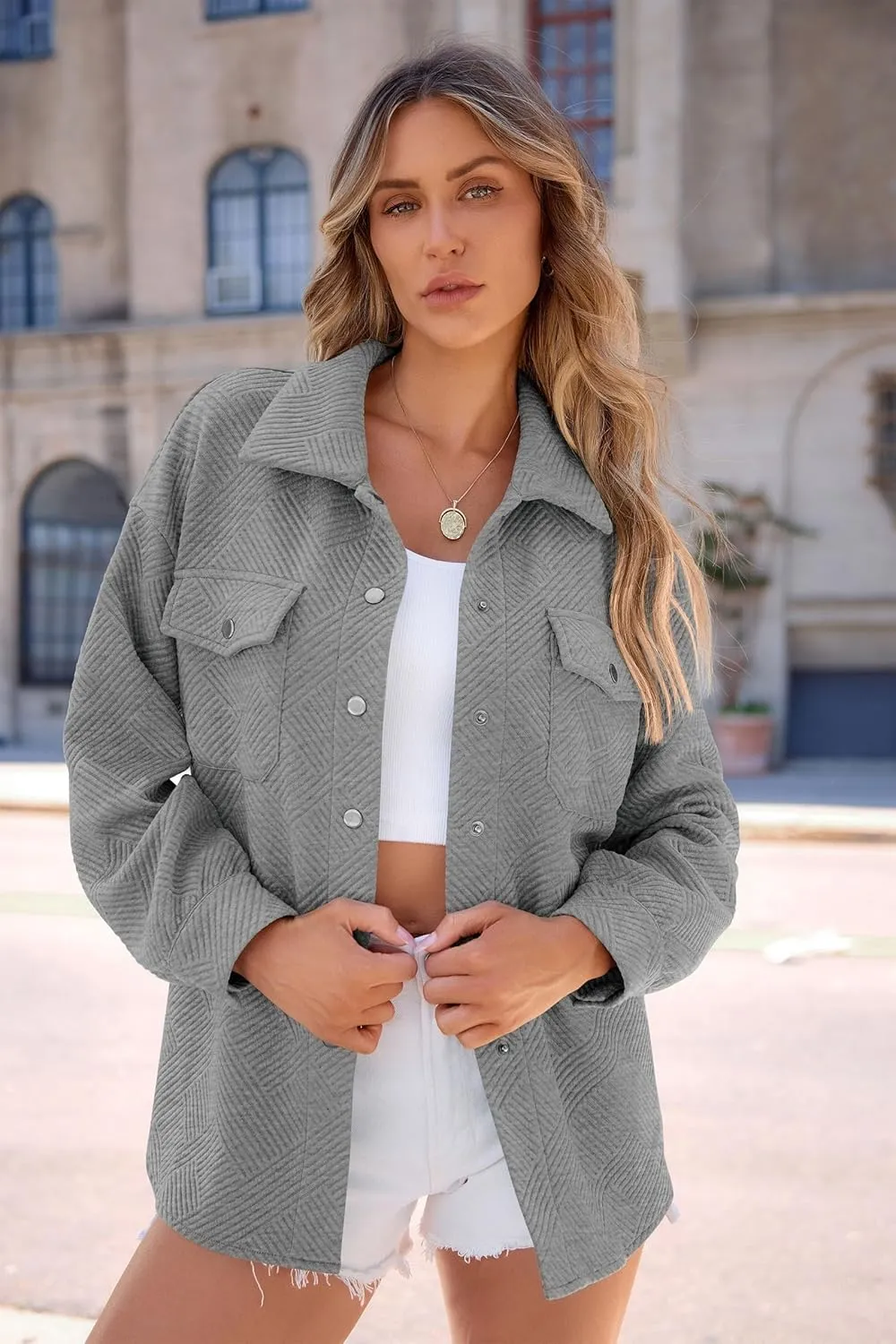 PRETTYGARDEN Women's Oversized Shacket Jackets Spring Fall Fashion Clothes Casual Long Sleeve Loose Collared Blouse Shirts