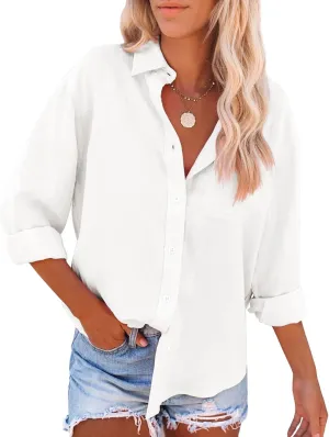 siliteelon Womens Button Down Shirts Cotton Dress Shirts Long Sleeve Blouses V Neck Solid Casual Tunics Tops with Pockets - White L