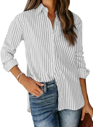 siliteelon Womens Button Down Shirts Cotton Striped Dress Shirt Long Sleeve Collared Office Work Blouses Tops - Black and White XS