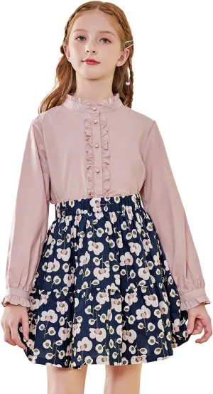 SOLOCOTE Girls White Blouse Ruffle Long Sleeve Button Down Shirts Princess Cotton Loose Soft Tops Spring and Summer 3-14Y