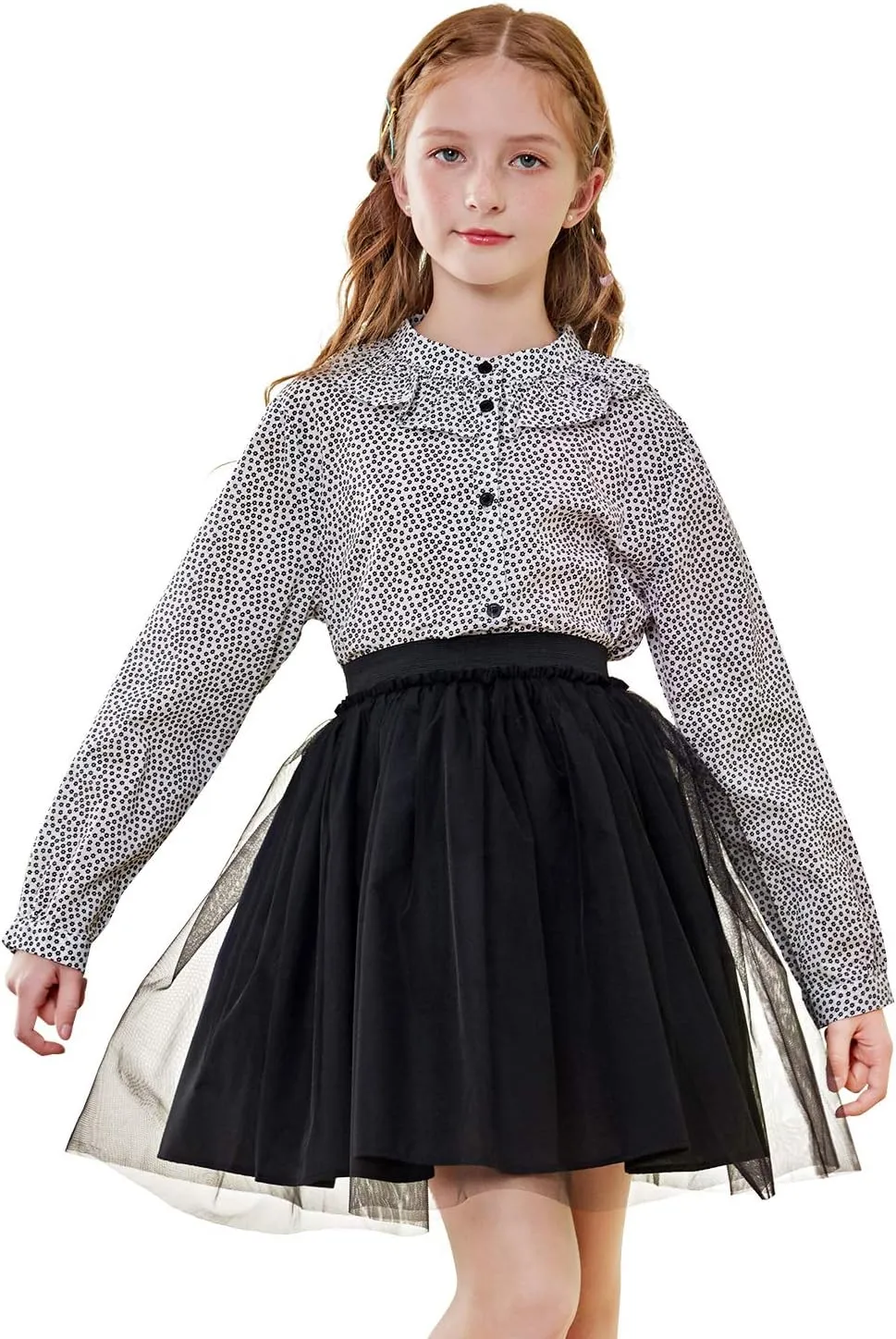 SOLOCOTE Girls White Blouse Ruffle Long Sleeve Button Down Shirts Princess Cotton Loose Soft Tops Spring and Summer 3-14Y