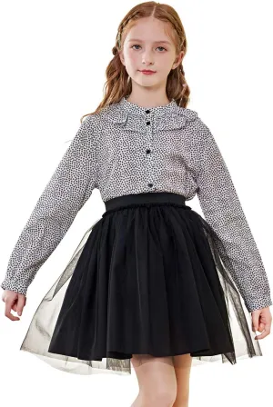 SOLOCOTE Girls White Blouse Ruffle Long Sleeve Button Down Shirts Princess Cotton Loose Soft Tops Spring and Summer 3-14Y