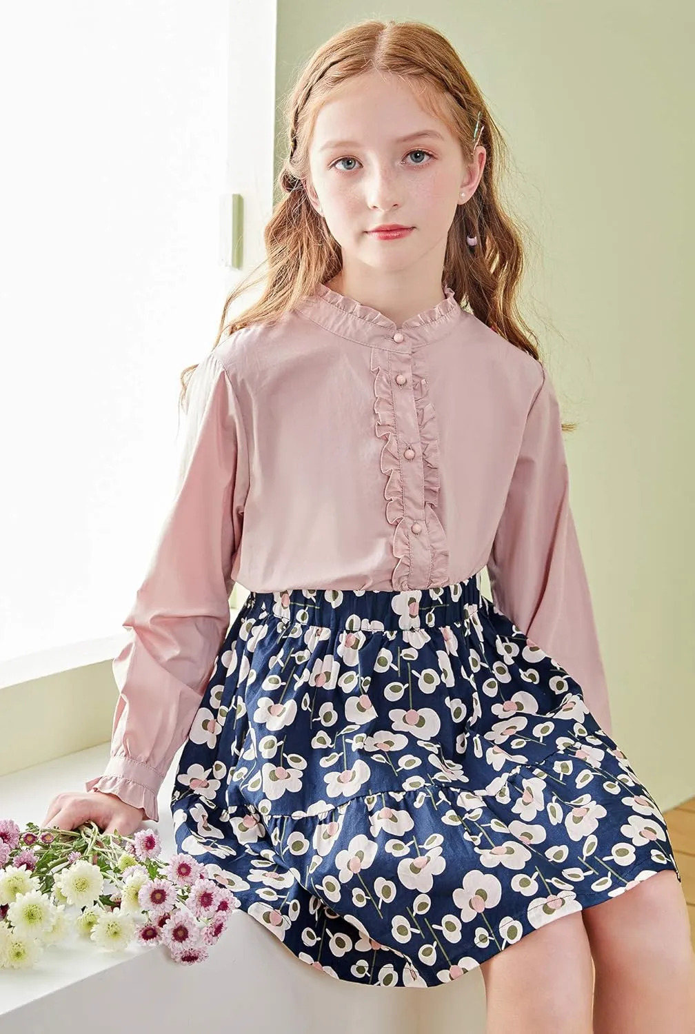 SOLOCOTE Girls White Blouse Ruffle Long Sleeve Button Down Shirts Princess Cotton Loose Soft Tops Spring and Summer 3-14Y