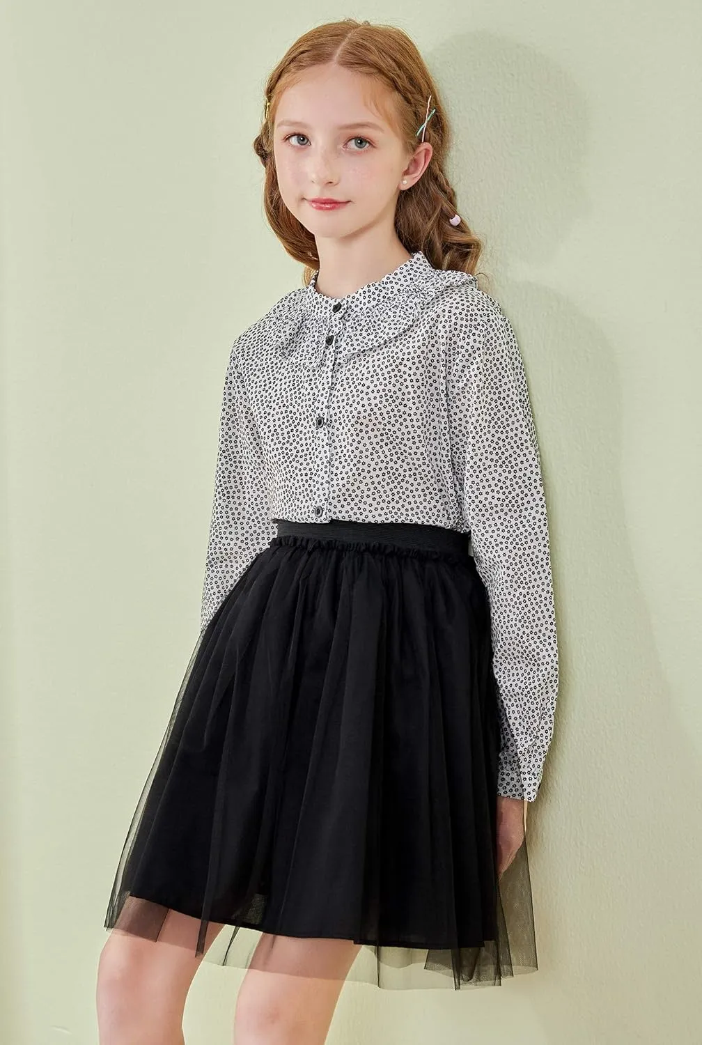 SOLOCOTE Girls White Blouse Ruffle Long Sleeve Button Down Shirts Princess Cotton Loose Soft Tops Spring and Summer 3-14Y