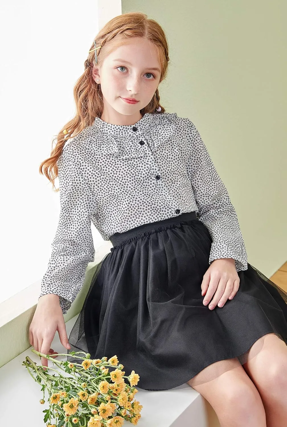 SOLOCOTE Girls White Blouse Ruffle Long Sleeve Button Down Shirts Princess Cotton Loose Soft Tops Spring and Summer 3-14Y
