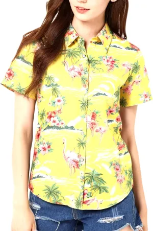 SSLR Hawaiian Shirts for Women Flamingo Shirt Tropical Shirts for Women Summer Casual Short Sleeve
