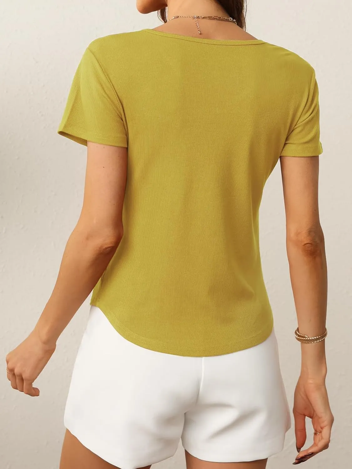 Summer V Neck T Shirts for Women Going Out Tops Casual Short Sleeve Ribbed Trendy Tops 2 Pack