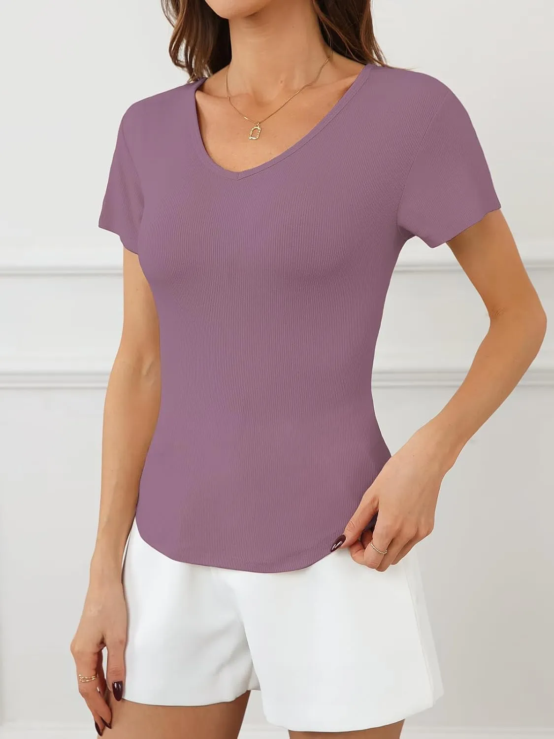Summer V Neck T Shirts for Women Going Out Tops Casual Short Sleeve Ribbed Trendy Tops 2 Pack