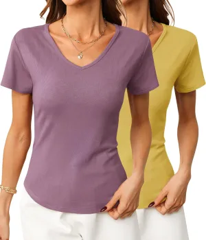 Summer V Neck T Shirts for Women Going Out Tops Casual Short Sleeve Ribbed Trendy Tops 2 Pack