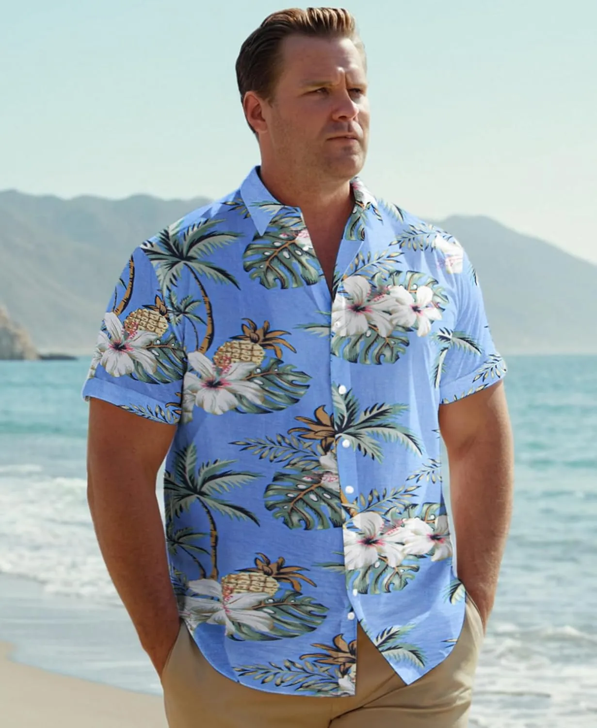 Weecreeture Big and Tall Men's Hawaiian Shirt - Short Sleeve, Tropical Floral Button Down Casual Summer Beach Shirt