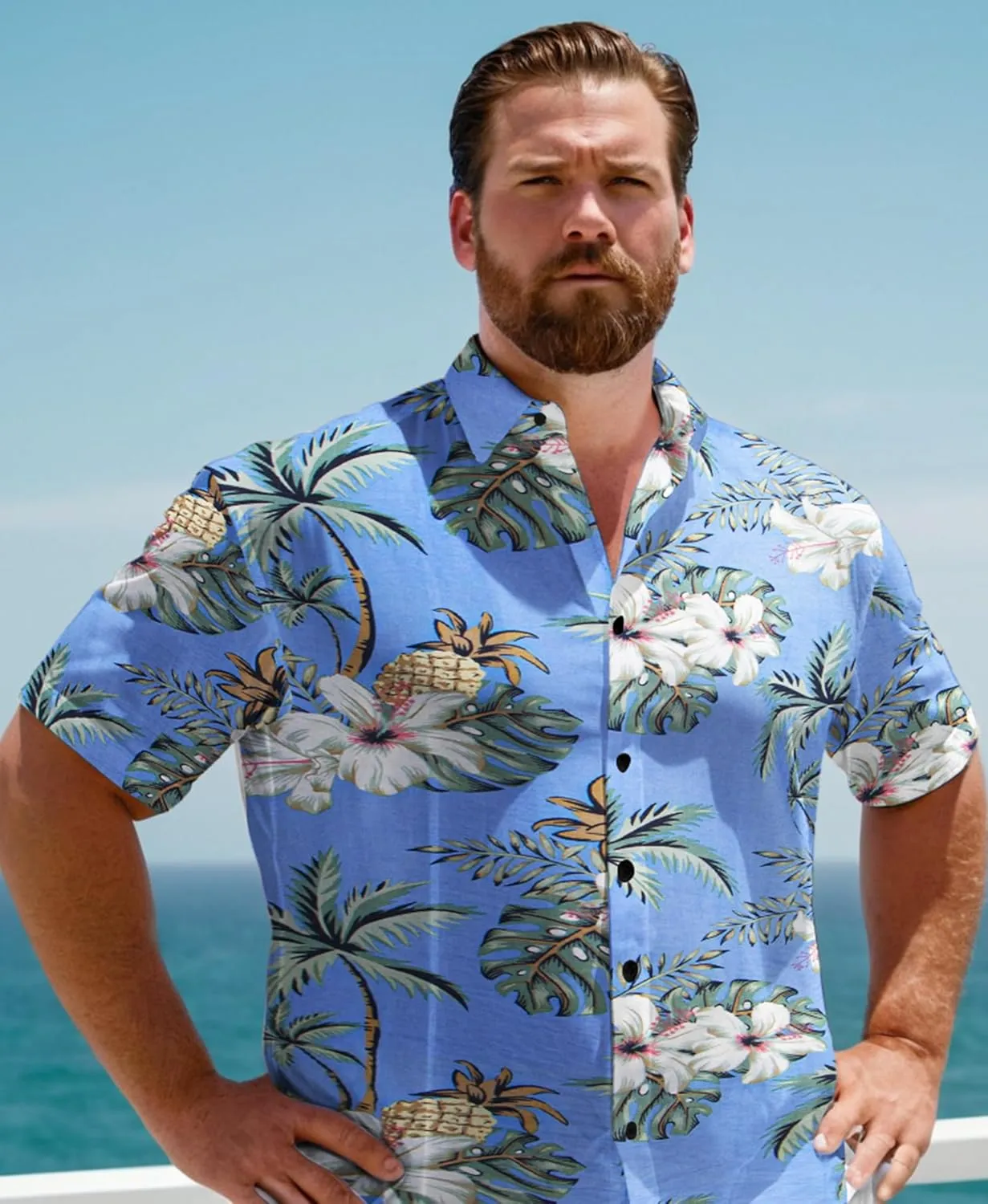 Weecreeture Big and Tall Men's Hawaiian Shirt - Short Sleeve, Tropical Floral Button Down Casual Summer Beach Shirt