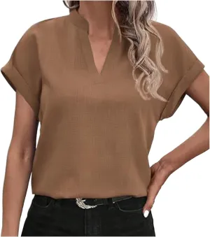 Women Summer Tops V Neck Short Sleeve T Shirts Loose Flowing Tunics Solid Color Casual Shirts Solid Flannel Shirt
