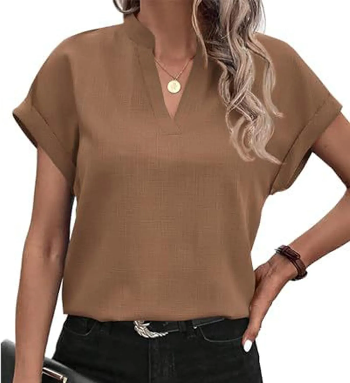 Women Summer Tops V Neck Short Sleeve T Shirts Loose Flowing Tunics Solid Color Casual Shirts Solid Flannel Shirt