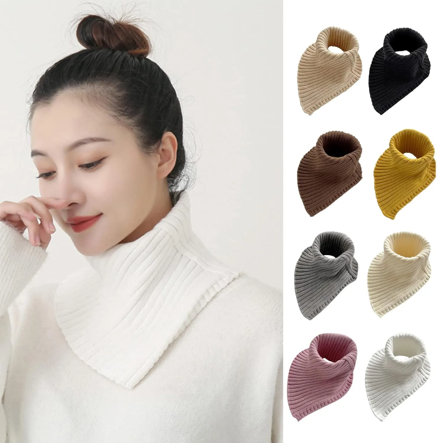 Women Winter Rib Knit Turtleneck Faux Collar Solid Color Detachable Triangular Scarf Wrap Windproof Neck Warmer, as the pic show, Black