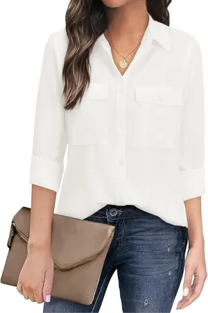 Women's Button Down Blouse Long Sleeve Dress Shirts for Work Office Business Casual Chiffon Tops