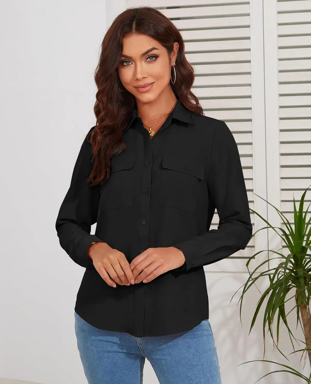 Women's Button Down Blouse Long Sleeve Dress Shirts for Work Office Business Casual Chiffon Tops