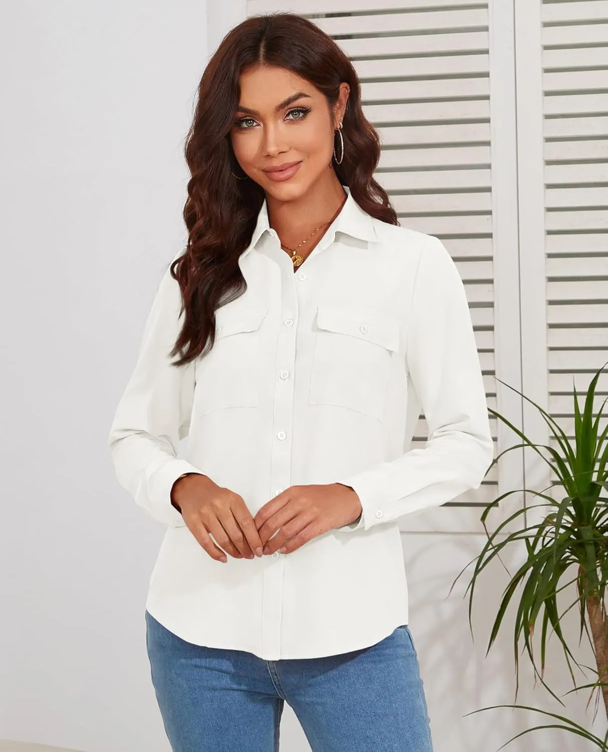 Women's Button Down Blouse Long Sleeve Dress Shirts for Work Office Business Casual Chiffon Tops