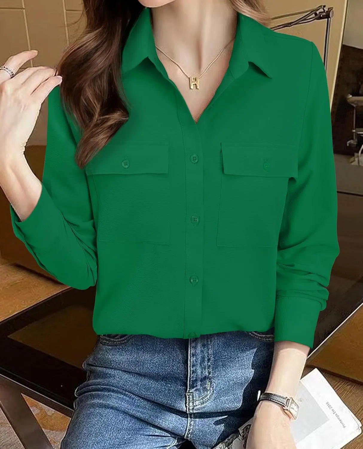 Women's Button Down Blouse Long Sleeve Dress Shirts for Work Office Business Casual Chiffon Tops
