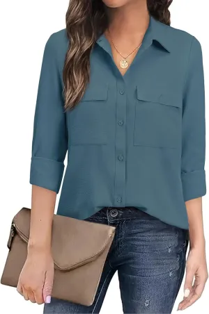 Women's Button Down Blouse Long Sleeve Dress Shirts for Work Office Business Casual Chiffon Tops