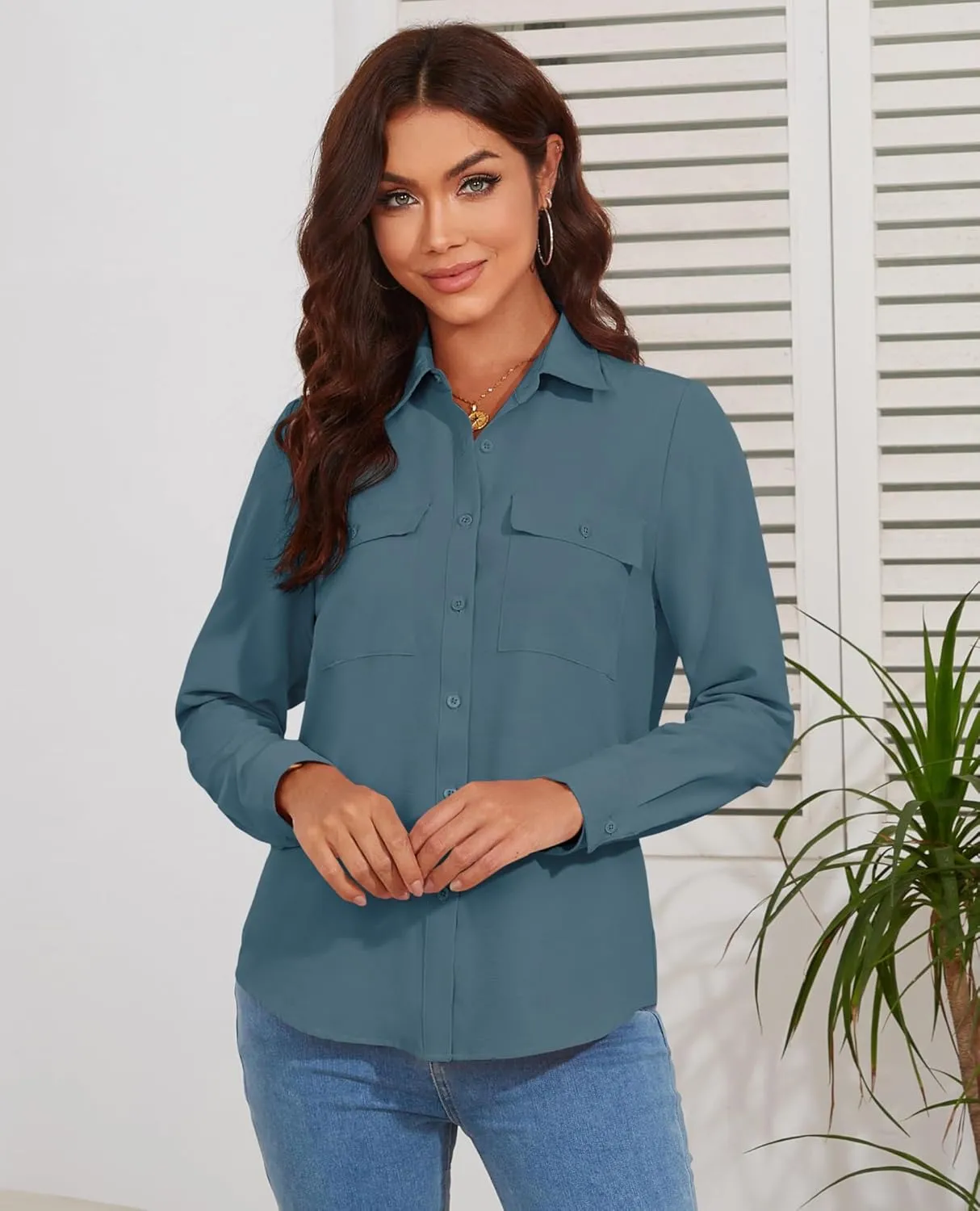 Women's Button Down Blouse Long Sleeve Dress Shirts for Work Office Business Casual Chiffon Tops