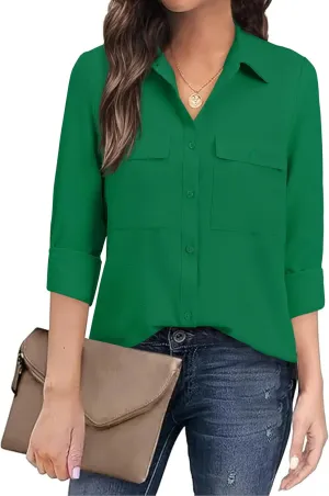 Women's Button Down Blouse Long Sleeve Dress Shirts for Work Office Business Casual Chiffon Tops