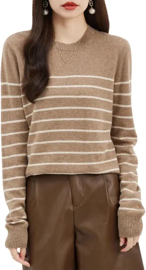 Women's Classic Merino Wool Crewneck Sweater Winter Warm Knit Top Long Sleeve Striped Casual Knit Pullover
