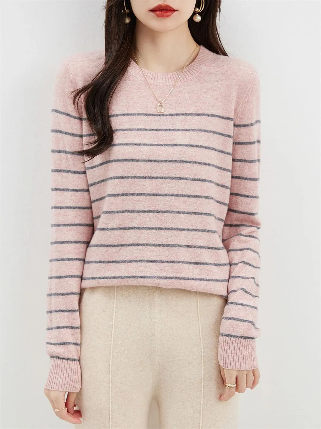 Women's Classic Merino Wool Crewneck Sweater Winter Warm Knit Top Long Sleeve Striped Casual Knit Pullover