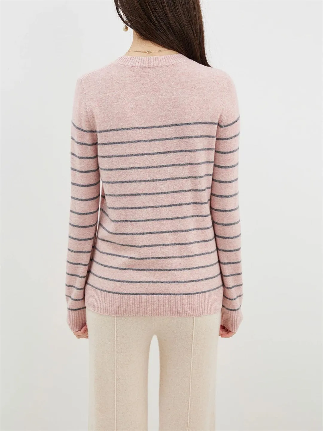 Women's Classic Merino Wool Crewneck Sweater Winter Warm Knit Top Long Sleeve Striped Casual Knit Pullover