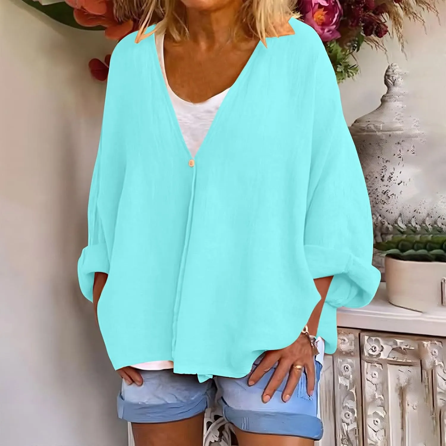 Women's Cotton Linen Cardigans Lightweight Open Front V-Neck Long Sleeve Button Cover Ups Casual Cardigan with Pocket