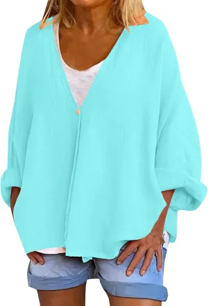 Women's Cotton Linen Cardigans Lightweight Open Front V-Neck Long Sleeve Button Cover Ups Casual Cardigan with Pocket