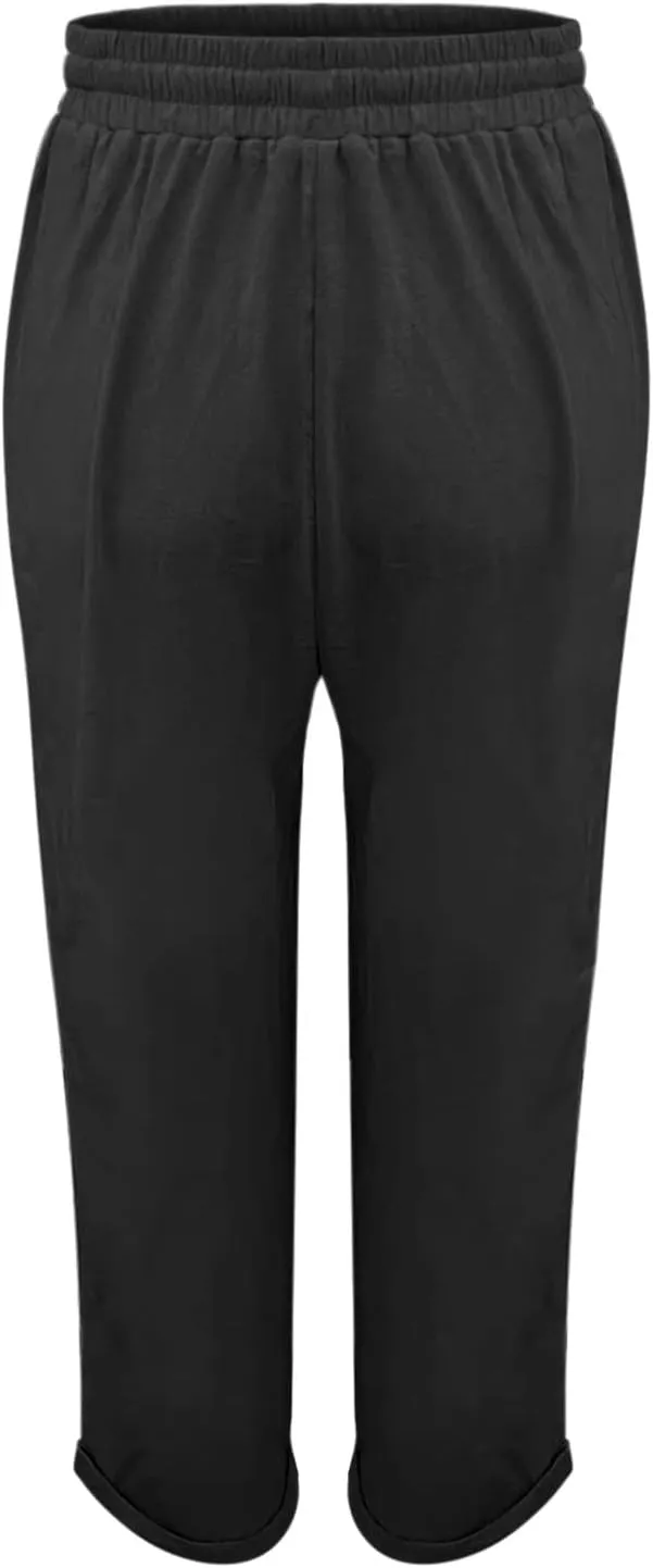 Womens Cotton Linen Pants 2025 Loose Fit Straight Leg Drawstring Summer Elastic Waist Plus Size Lounge Long Trousers
