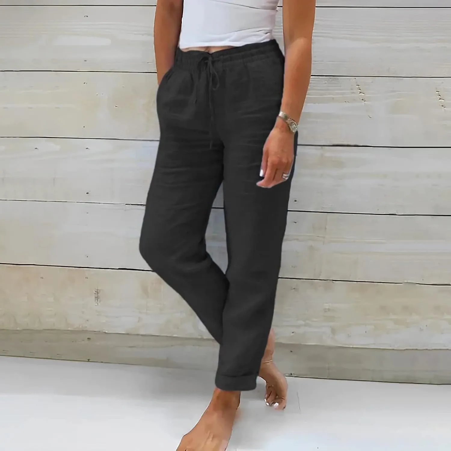 Womens Cotton Linen Pants 2025 Loose Fit Straight Leg Drawstring Summer Elastic Waist Plus Size Lounge Long Trousers