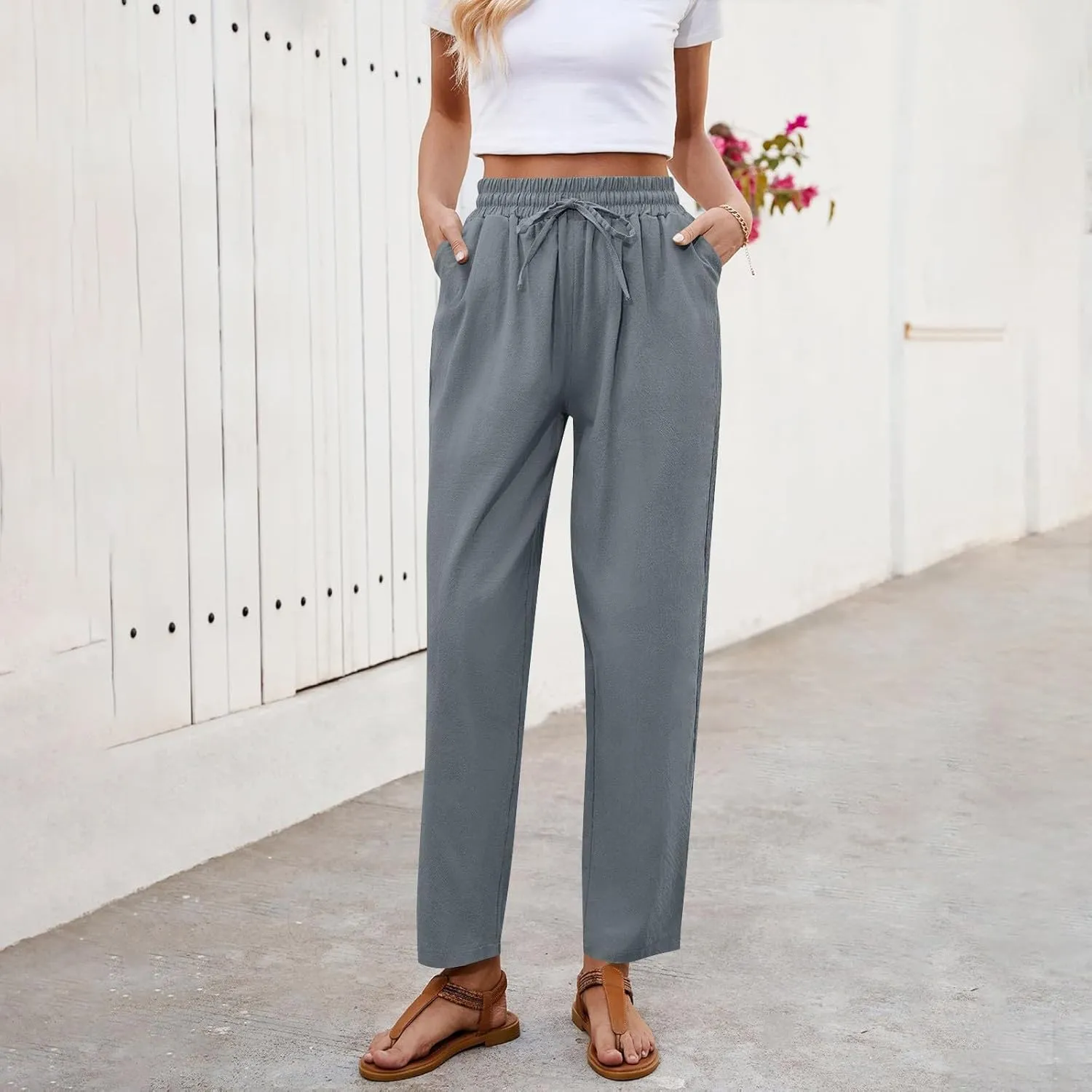 Women's Linen Summer Pants Casual Drawstring Straight Leg Beach Trousers with Pockets Vacation Clothes